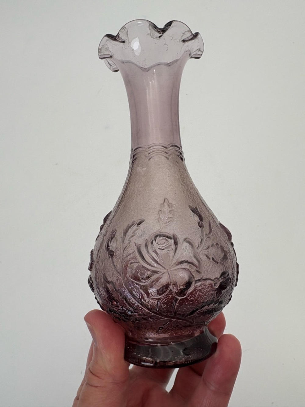 Vintage Imperial Glass Purple Embossed Glass “Rose” Bud Vase